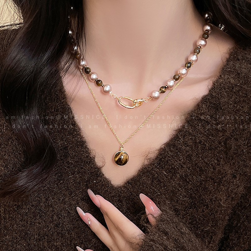Pearl Choker Necklace Vintage - Tiger Eye Gold Brown Pearl Necklace