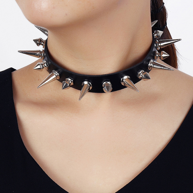 Goth Punk Spike Choker - Punk Long Spike Choker Faux Leather