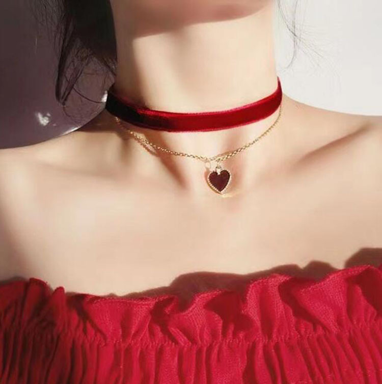 Layered Pendant Necklace Aesthetic - Romantic Double Layer Choker Necklace Red