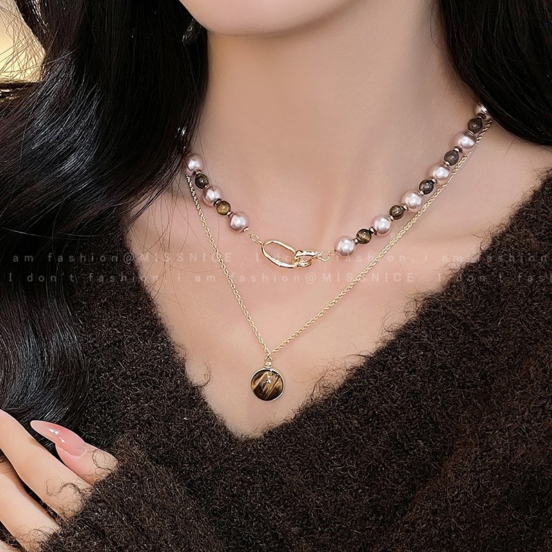 Tiger Eye Gold Brown Pearl Nec - огляд і ціна Pearl Choker Necklace Vintage