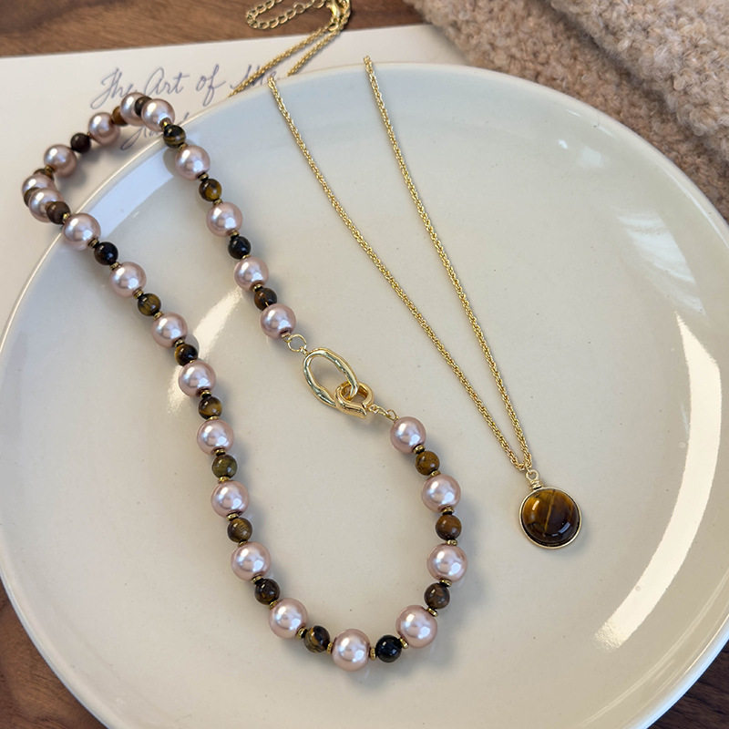 Tiger Eye Gold Brown Pearl Nec - огляд і ціна Pearl Choker Necklace Vintage